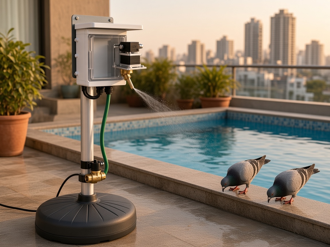 Kabootar Jajaja water shooter on its weighted stand beside a pool